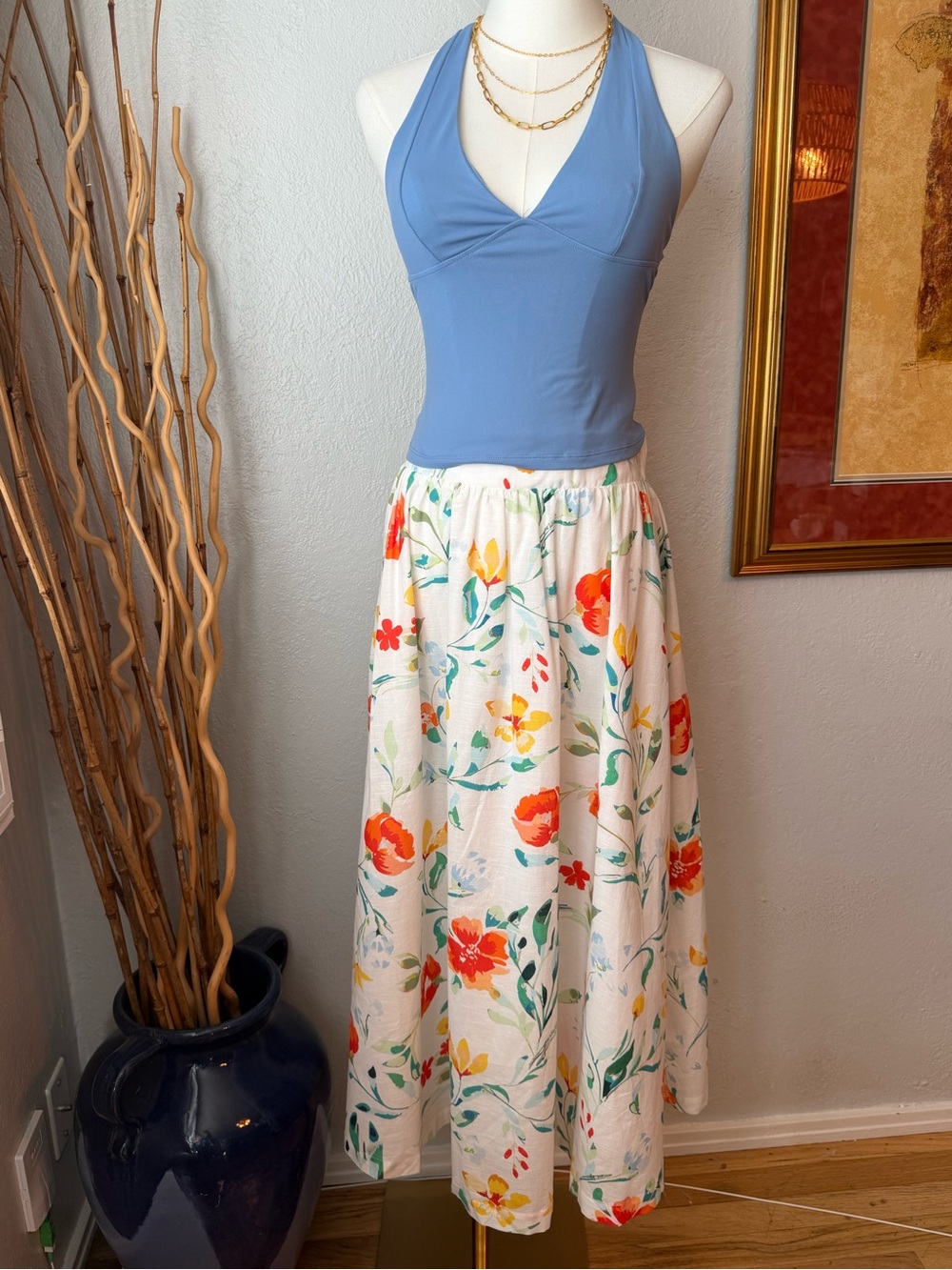 113~ New Prosperina White Floral Midi Skirt with Multicolor Blooms Medium